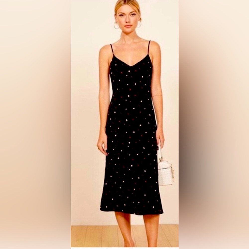 Reformation Jaxon in Stella Star Black Midi Dress Sleeveless Low Cut Size 2